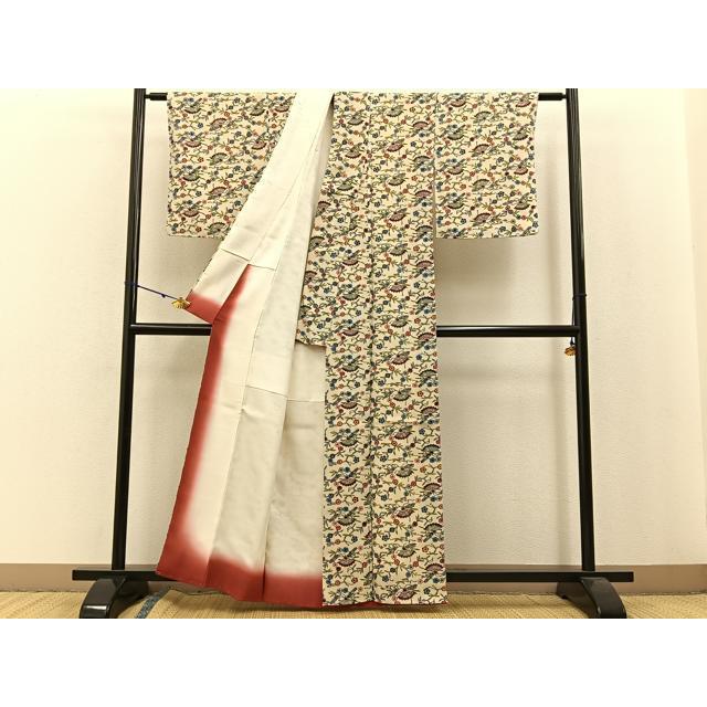 平和屋着物○本場琉球紅型 小紋 扇面花唐草文 正絹 逸品 未使用