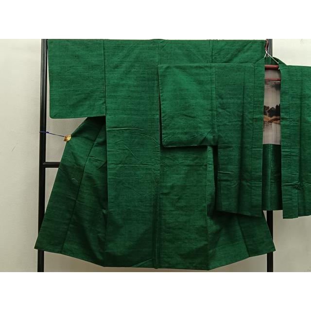 平和屋着物●男性　紬　アンサンブル　色無地　深緑色　正絹　逸品　BAAW3506mz 平和屋着物○男性 紬 アンサンブル 色無地 深緑色 正絹 逸品