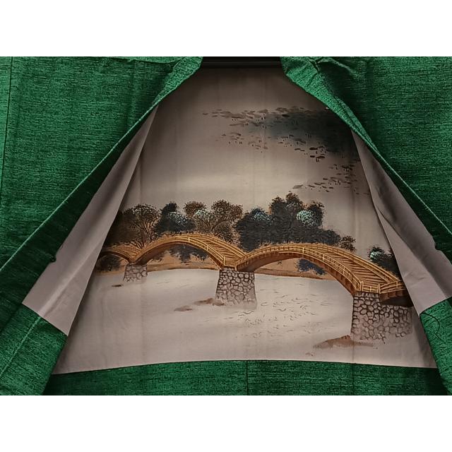 平和屋着物○男性 紬 アンサンブル 色無地 深緑色 正絹 逸品