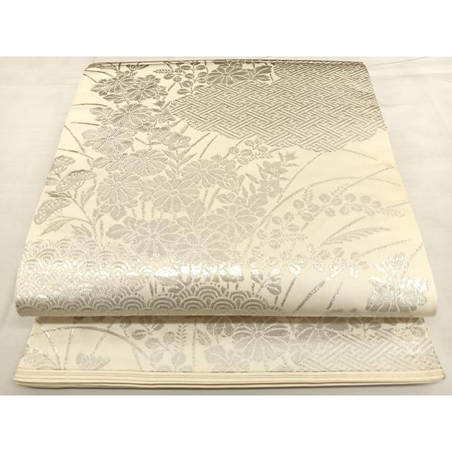 08袋帯 六通柄 正絹 美品 プラチナ箔 ホワイトゴールド 5点まとめ売り 着物 平和屋着物◎六通柄袋帯 雲取り秋草文 美弥衣錦 プラチナ箔 正絹 逸品
