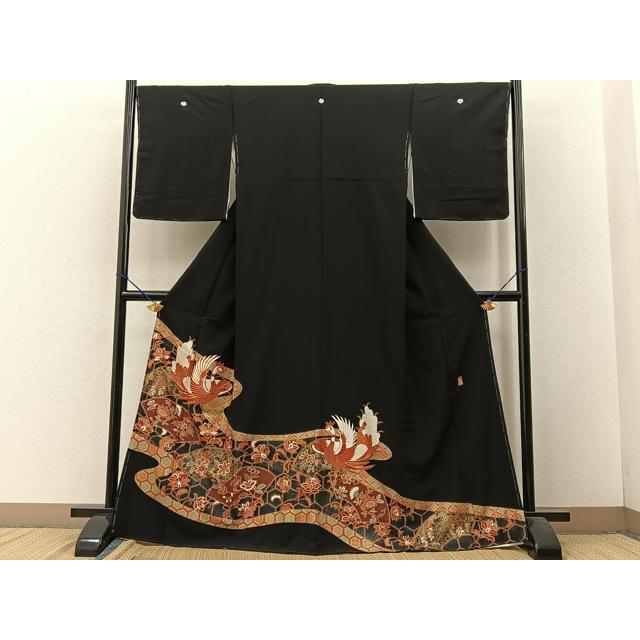 平和屋着物□豪華黒留袖 作家物 駒刺繍 鳳凰地紙更紗花文 金彩 正絹 