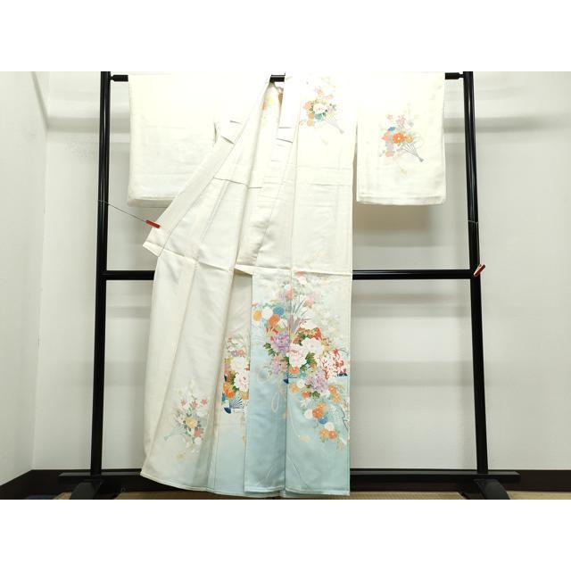 平和屋着物▽訪問着　単衣　刺繍　扇面草花文　正絹　逸品　CAAQ0018vf