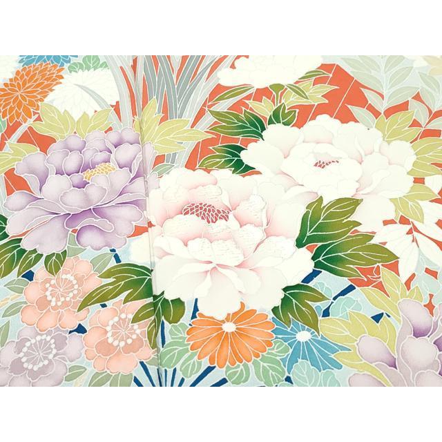 平和屋着物▽訪問着　単衣　刺繍　扇面草花文　正絹　逸品　CAAQ0018vf