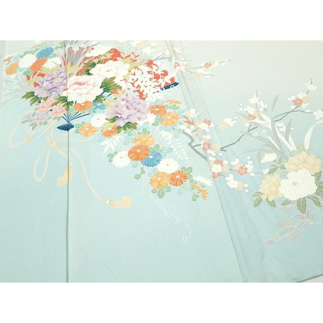 平和屋着物▽訪問着　単衣　刺繍　扇面草花文　正絹　逸品　CAAQ0018vf