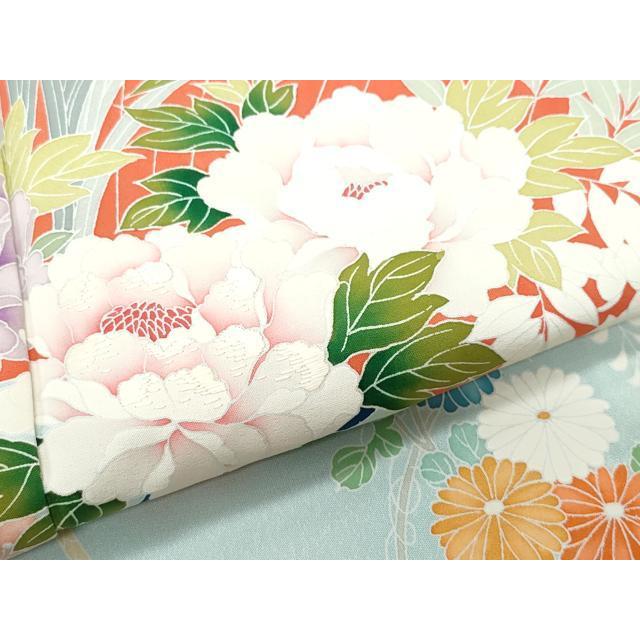 平和屋着物▽訪問着　単衣　刺繍　扇面草花文　正絹　逸品　CAAQ0018vf