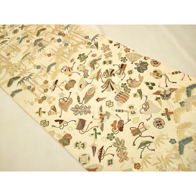 平和屋着物○六通柄袋帯 唐織 宝尽くし松竹梅花文 金糸 正絹 逸品