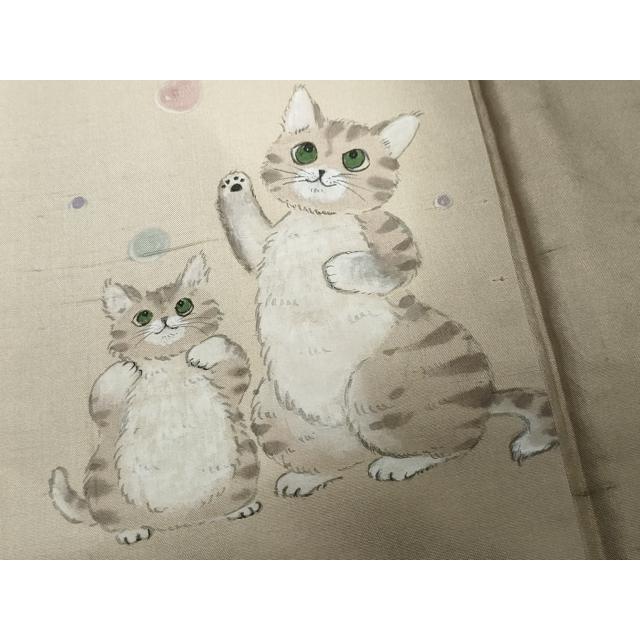 平和屋着物○訪問着 作家物 紬地 手描き 希少柄 猫 正絹 逸品