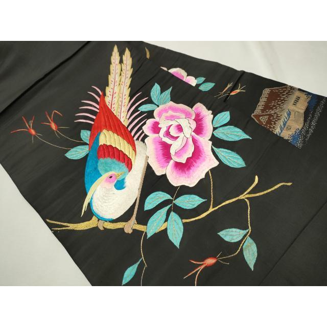 平和屋着物●アンティーク　大正ロマン　九寸名古屋帯　総刺繍　休み鳥枝椿　黒地　金糸　正絹　逸品　CAAT8292hy 平和屋着物○アンティーク 大正ロマン 九寸名古屋帯 総刺繍 休み鳥枝椿