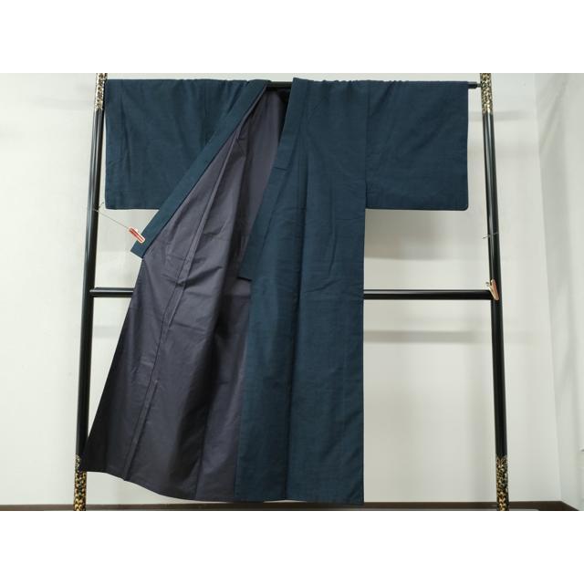 平和屋着物○男性 紬 アンサンブル 色無地 紺地 正絹 逸品 未使用  