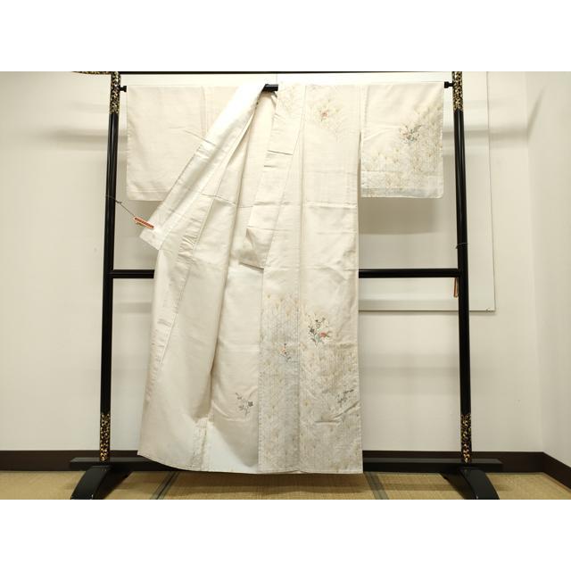 平和屋着物▽訪問着　単衣　紬地　刺繍　草花文　金銀彩　正絹　逸品　CAAV3792dy 平和屋着物▽訪問着 単衣 紬地 刺繍 草花文 金銀彩 正絹 逸品