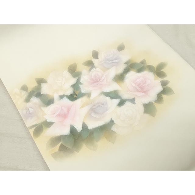 平和屋着物○塩瀬 九寸開き名古屋帯 手書き 枝花文 銀彩 正絹 逸品