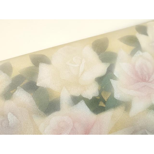 平和屋着物○塩瀬 九寸開き名古屋帯 手書き 枝花文 銀彩 正絹 逸品