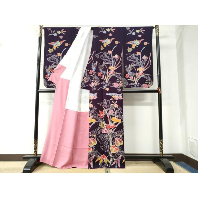 平和屋着物●小振袖　二尺袖　型染め　飛鶴立波葵草花文　鬼しぼ縮緬　正絹　逸品　CAAW8545yc 平和屋着物○小振袖 二尺袖 型染め 飛鶴立波葵草花文 鬼しぼ縮緬 正絹