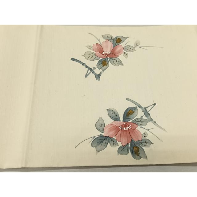 平和屋着物◎九寸開き名古屋帯 作家物 手描き 紬地 枝花文 金彩 正絹