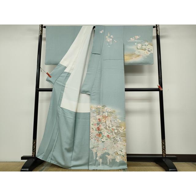 平和屋着物●訪問着　駒刺繍　御所車鴛鴦花文　暈し染め　金彩　正絹　逸品　CAAX4473ut 平和屋着物○訪問着 駒刺繍 御所車鴛鴦花文 暈し染め 金彩
