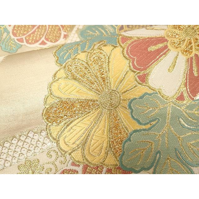 平和屋着物○六通柄袋帯 唐織 立枠菊図文 金糸 正絹