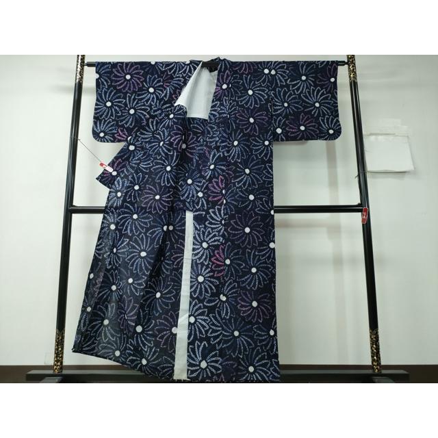 浴衣　綿麻　粋な夏着物　菊柄　紺色　半幅帯　帯締め　3点　0712⑧ 平和屋着物∴夏物 浴衣 有松鳴海絞り 菊尽くし 綿 逸品 CAAY4441ng