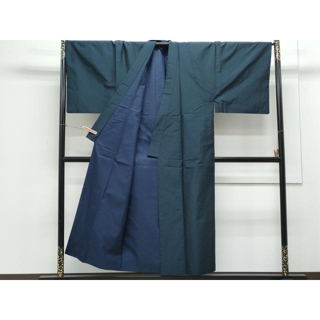 平和屋着物○男性 紬 アンサンブル 色無地 藍色 正絹 逸品 未使用