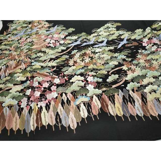 平和屋着物●中国三大刺繍　蘇州刺繍　総刺繍　黒留袖　飛鳥風景松梅文　金糸　正絹　逸品　CAAZ0913vf 平和屋着物○中国三大刺繍 蘇州刺繍 総刺繍 黒留袖 飛鳥風景