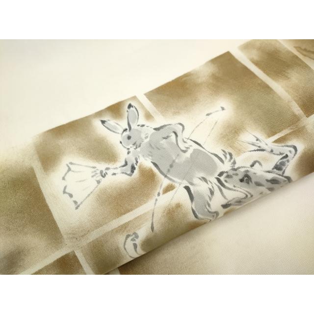 平和屋着物●塩瀬　九寸名古屋帯　手描き　鳥獣戯画　金彩　正絹　逸品　CAAZ4335hy 平和屋着物○塩瀬 九寸名古屋帯 手描き 鳥獣戯画 金彩 正絹 逸品