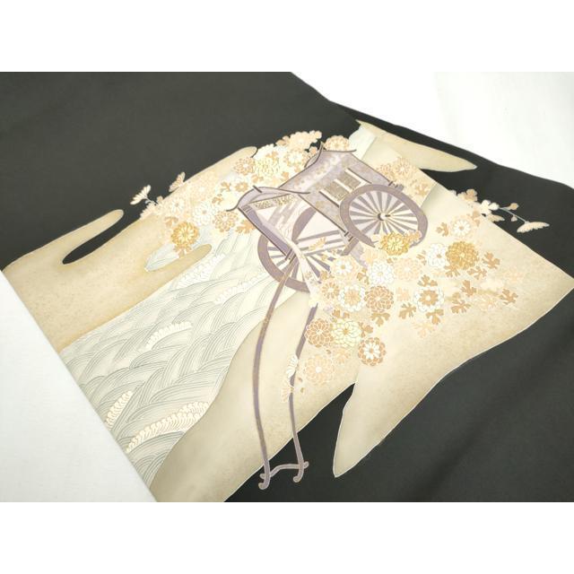 平和屋着物○塩瀬 九寸名古屋帯 駒刺繍 御所車花文 黒地 金彩 正絹