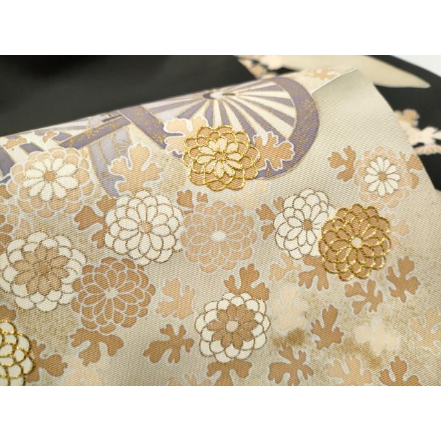 平和屋着物○塩瀬 九寸名古屋帯 駒刺繍 御所車花文 黒地 金彩 正絹
