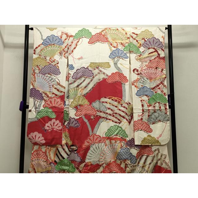 平和屋着物○紫綬褒章 巨匠『岩田専太郎』 振袖 駒刺繍 檜扇松文 金彩