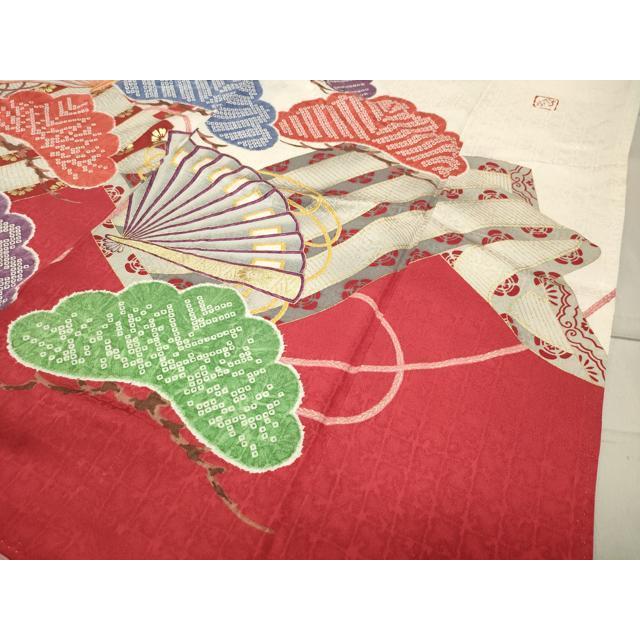平和屋着物○紫綬褒章 巨匠『岩田専太郎』 振袖 駒刺繍 檜扇松文 金彩