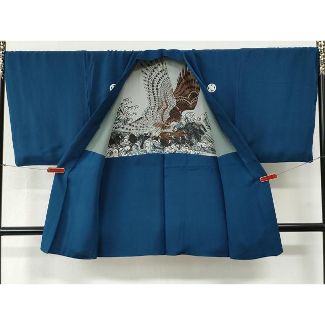 平和屋着物●男性　色紋付　羽織セット　藍色　羽裏：鷹　正絹　逸品　CABB4743yc 平和屋着物○男性 色紋付 羽織セット 藍色 羽裏：鷹 正絹 逸品