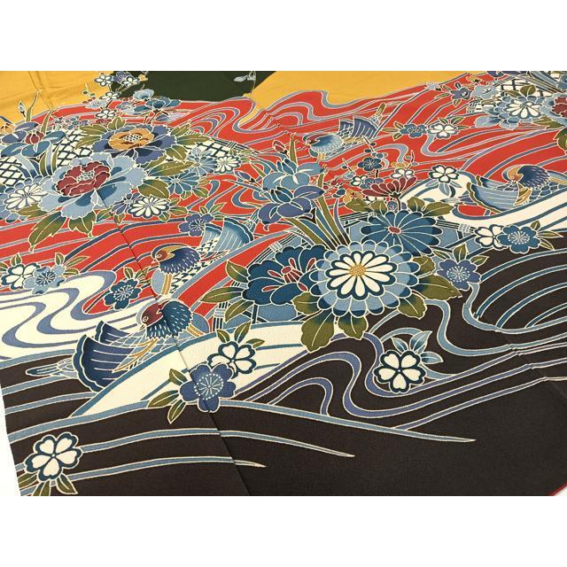 平和屋着物●豪華振袖　型染め　流水鴛鴦花文　正絹　逸品　CABB4809vp