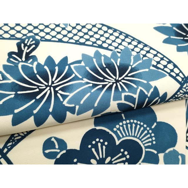 平和屋着物○塩瀬 全通柄 九寸名古屋帯 藍 型染め 舞花文 正絹 逸品 