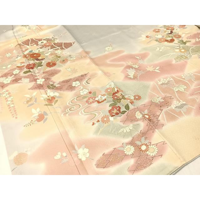 平和屋着物●訪問着　駒刺繍　流水枝花文　暈し染め　金彩　正絹　逸品　CABD0274ut 平和屋着物□訪問着 駒刺繍 立波枝梅笹文 暈し染め 正絹 逸品