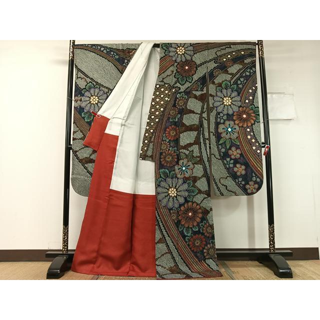 平和屋着物●豪華振袖　総絞り　束ね熨斗吉祥花文　黒地　金彩　正絹　逸品　CABC2753vp_1