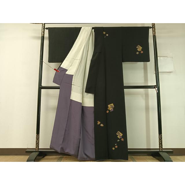 平和屋着物●ファッションデザイナー 花井幸子　訪問着　駒刺繍　破れ色紙花文　黒地　金彩　正絹　逸品　CABC2769vp 平和屋着物○ファッションデザイナー 花井幸子 訪問着 駒刺繍 破れ色紙