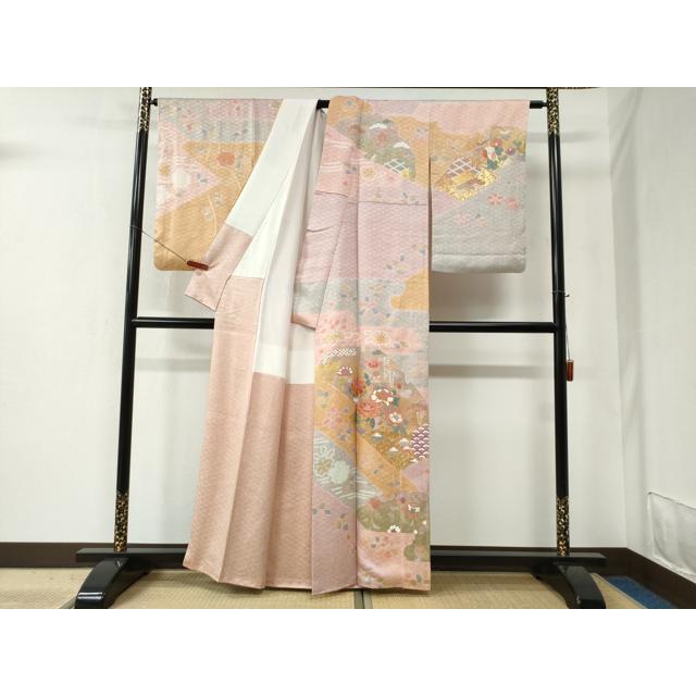 平和屋着物●訪問着　駒刺繍　絞り　牡丹吉祥花文　金彩　正絹　逸品　CABC6457yc 平和屋着物○訪問着 駒刺繍 絞り 牡丹吉祥花文 金彩 正絹 逸品