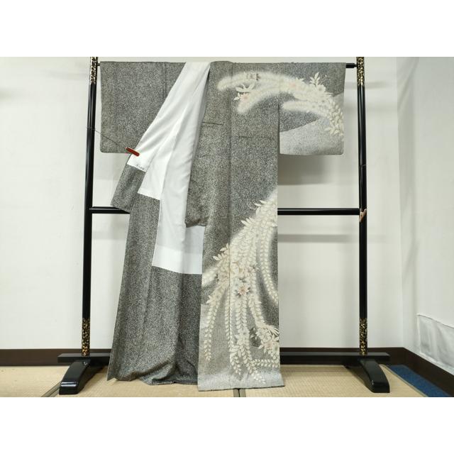 平和屋着物●訪問着　駒刺繍　草花文　たたき染め　黒地　金彩　正絹　逸品　CABC6884yc_1