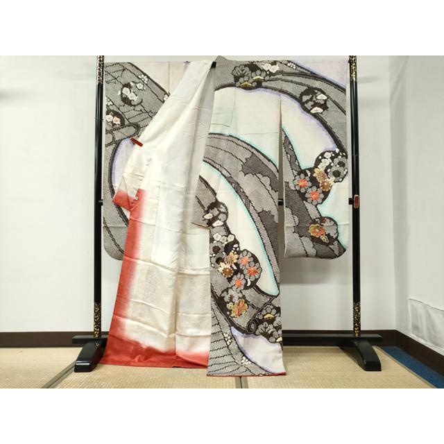平和屋着物●豪華振袖　総絞り　駒刺繍　草花文　黒地　正絹　逸品　CABE2715yc 平和屋着物○豪華振袖 総絞り 駒刺繍 草花丸文 黒地 金彩 正絹 逸品