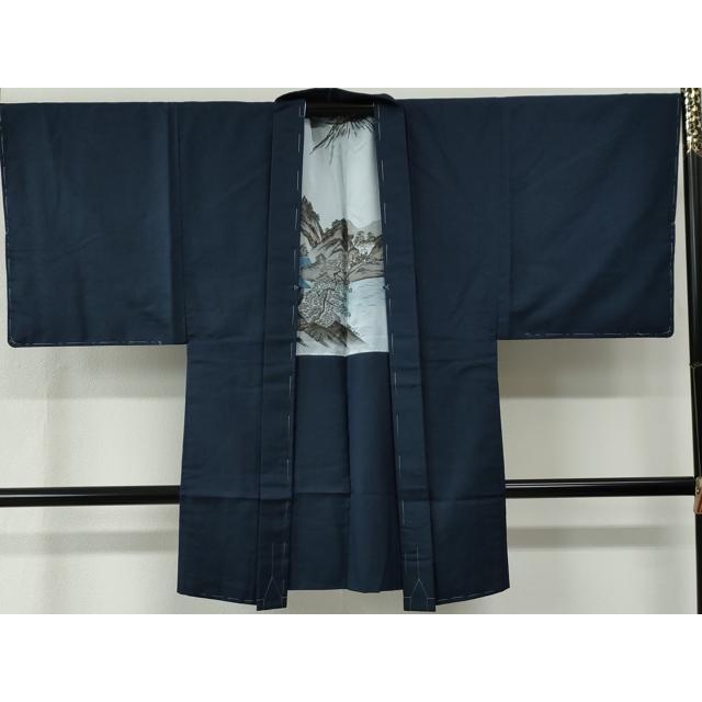 男着物 紬 アンサンブル 亀甲 袷 紺色 正絹 男性用きもの メンズ 仕立て上がり 和服 男物 カジュアル 身丈147cm 【キモノオフ野々市若松店】 平和屋着物○男性 紬 アンサンブル 100亀甲 総詰め 正絹 逸品 未使用