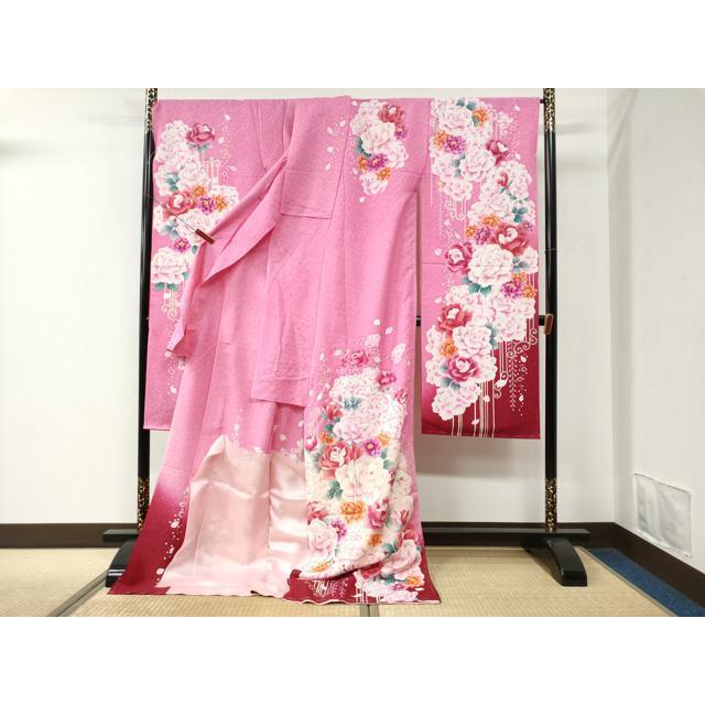 平和屋着物●豪華振袖　牡丹花文　ラメ糸　暈し染め　銀通し地　仮絵羽　逸品　未使用　CABC7130yc 平和屋着物○豪華振袖 牡丹花文 ラメ糸 暈し染め 銀通し地 仮絵羽 逸品