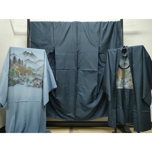 男着物 大島紬 証紙付 亀甲 アンサンブル 袷 紺色 正絹 男性用きもの メンズ 仕立て上がり 和服 男物 カジュアル 身丈139cm 【キモノオフ野々市若松店】 男着物 大島紬 証紙付 亀甲 アンサンブル 袷 紺色 正絹 男性用きもの