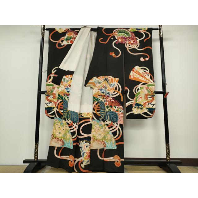 平和屋着物○アンティーク 大正ロマン 振袖 刺繍 扇面飛鶴草花文 黒地
