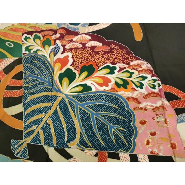 平和屋着物○アンティーク 大正ロマン 振袖 刺繍 扇面飛鶴草花文 黒地