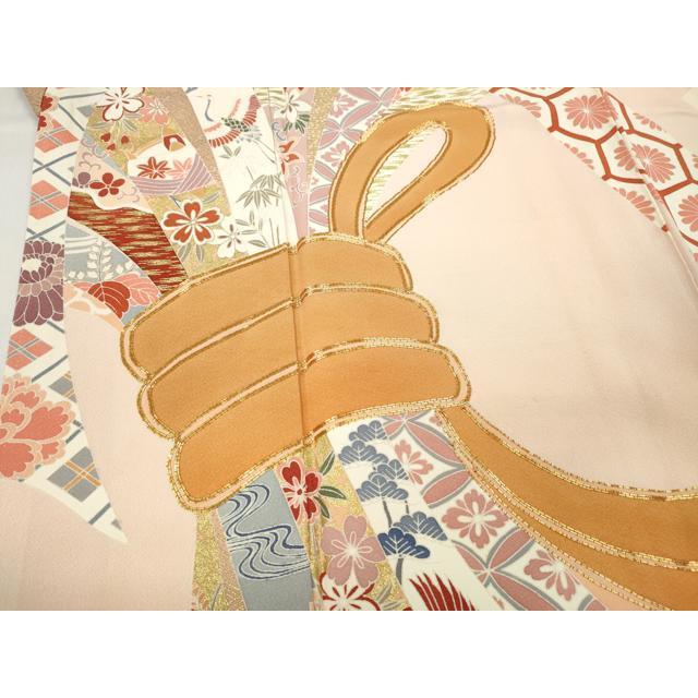 平和屋着物●豪華振袖　駒刺繍　絞り　束ね熨斗花唐草文　金糸　正絹　逸品　AABG7879cs 平和屋着物○豪華振袖 総絞り 駒刺繍 草花丸文 黒地 金彩 正絹 逸品