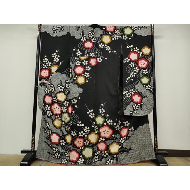 平和屋着物○豪華振袖 駒刺繍 絞り 枝梅文 黒地 金彩 正絹 逸品 未使用