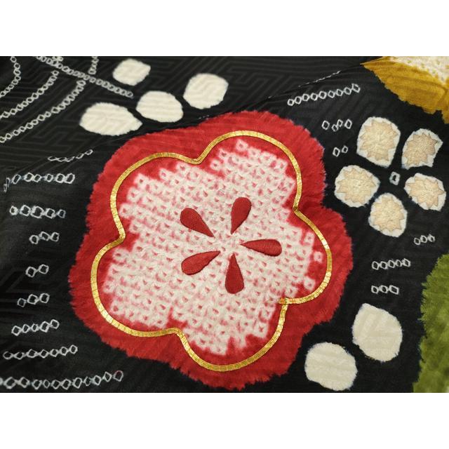 平和屋着物○豪華振袖 駒刺繍 絞り 枝梅文 黒地 金彩 正絹 逸品 未使用
