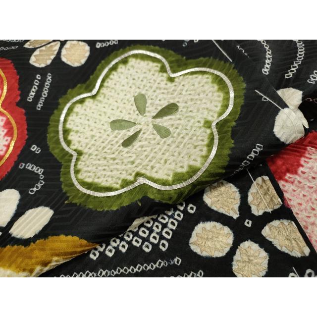 平和屋着物○豪華振袖 駒刺繍 絞り 枝梅文 黒地 金彩 正絹 逸品 未使用