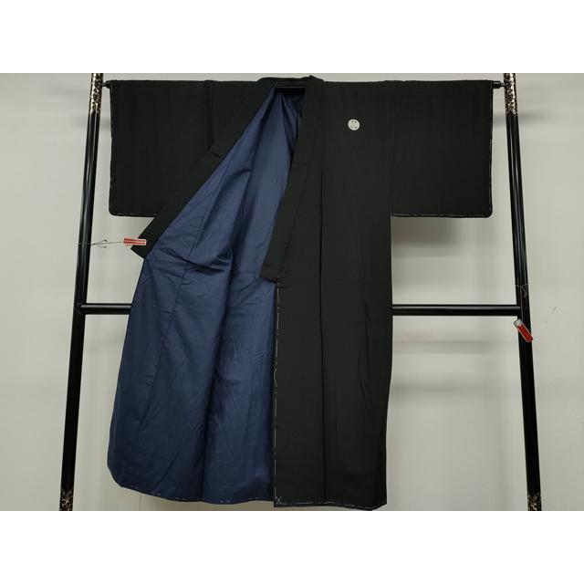 平和屋着物○男性 黒紋付・羽織セット 羽裏：風景文 正絹 逸品 未使用