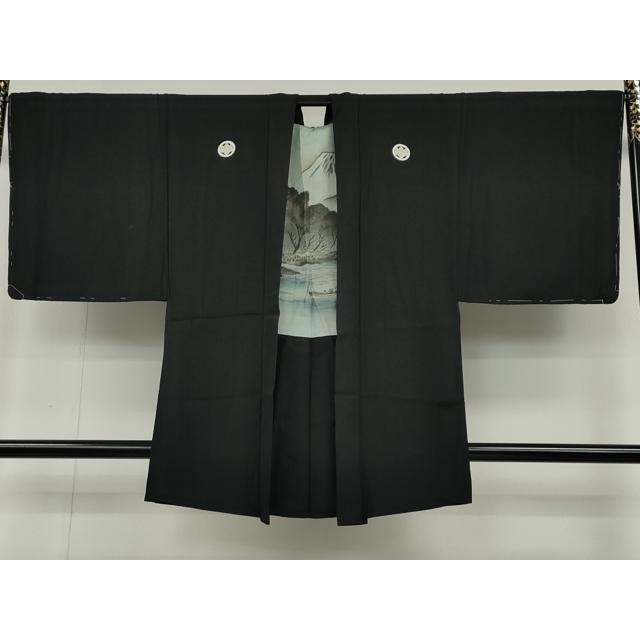 平和屋着物○男性 黒紋付・羽織セット 羽裏：風景文 正絹 逸品 未使用