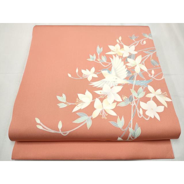 平和屋着物○塩瀬 九寸開き名古屋帯 友禅 作家物 花鳥文 正絹 逸品 未 