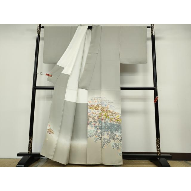 平和屋本店●極上　本加賀友禅作家　百貫廣樹　振袖　吉祥花文　灰梅色地　暈し染め　逸品　DZAB4031kh6 平和屋着物○極上 本加賀友禅作家 成竹登茂男 振袖 友禅 花鳥文 暈し